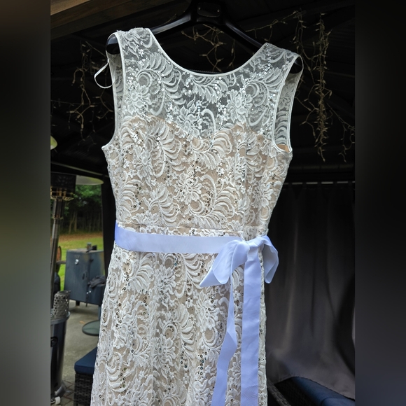 Ashley Stewart by R&M Richards Sequin Ivory Dress Sleeveless Belt Lace NWT 14 - Picture 5 of 12